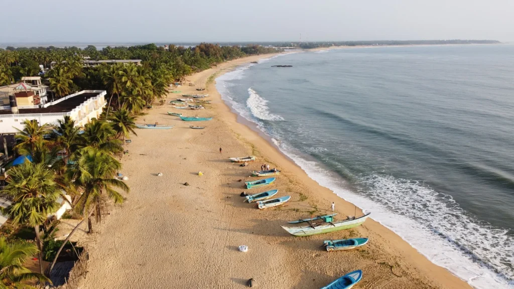 Elevated view along Arugam Bay beach with fishing boats, palms and breaking waves, Sri Lanka
