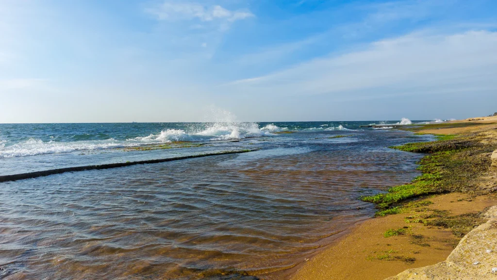 Ocean waves breaking along the low rocky and sandy shoreline at Negombo, Sri Lanka